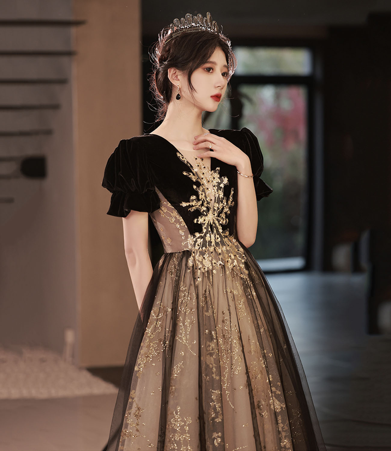 Black tulle sequins long prom dress A line evening dress  10441