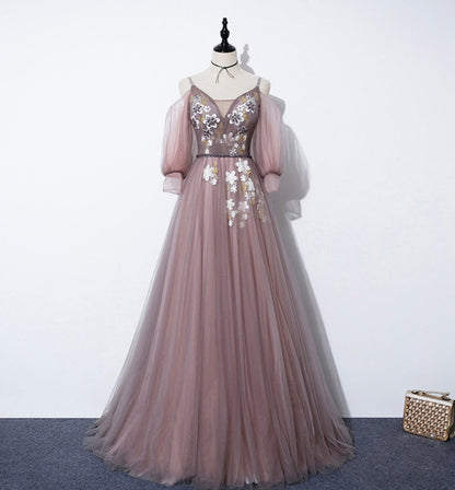 Cute v neck tulle long A line prom dress evening dress  8587