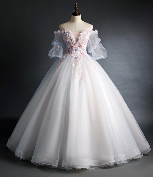 Cute tulle applique long prom gown A line evening gown  10260