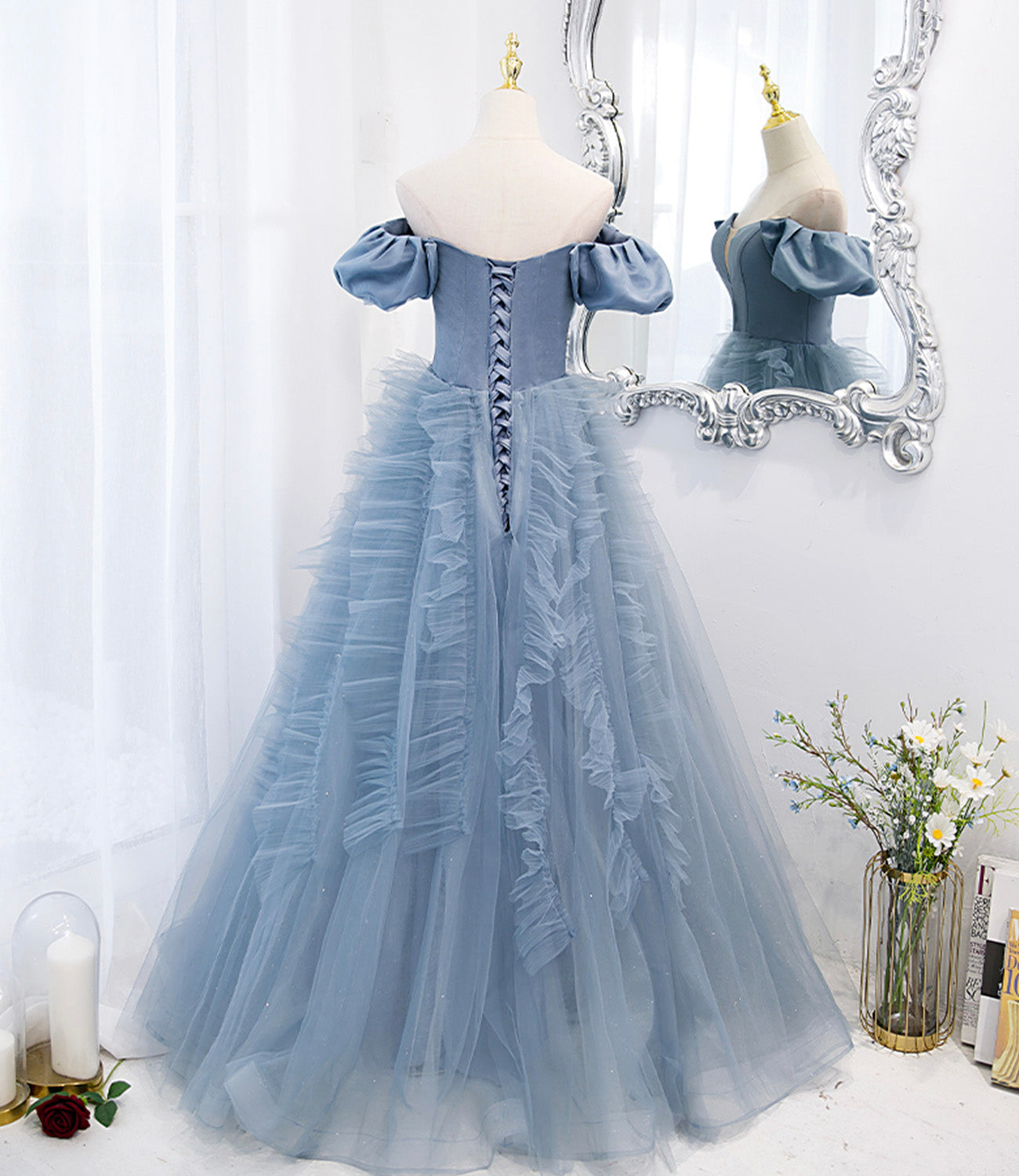 Blue tulle long prom dress blue evening dress  10151