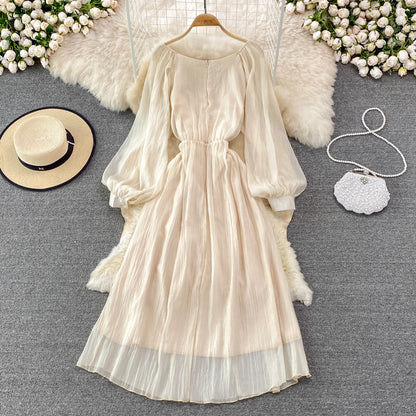 Champagne V Neck Long Sleeve Dress Fashion Dress  10894