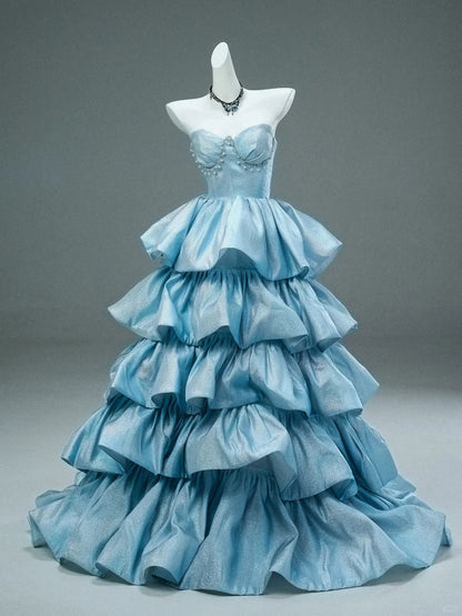 Shiny Stunning Blue Fashionable Elegant Long Satin Delicate Beads Floor Length Tiered Ruffled Ball Gown Evening Gown Graduation Gown Quinceañera Gown gh3841