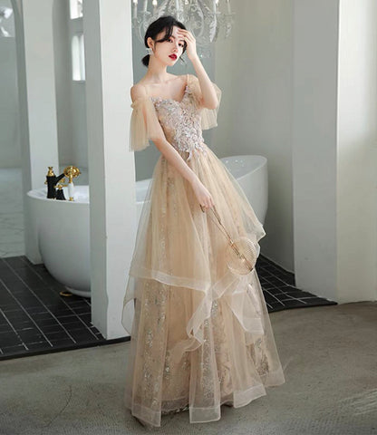 Champagne tulle lace long prom dress A line evening dress  10339