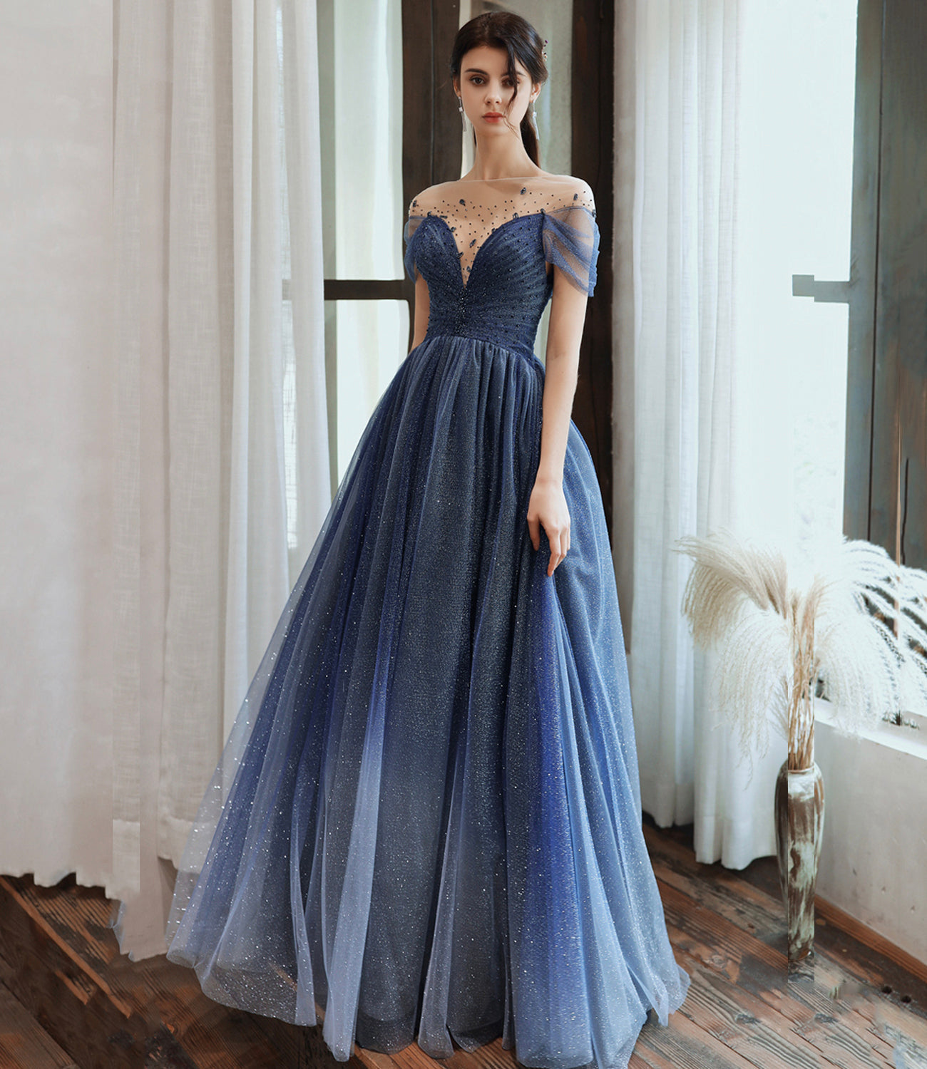 Blue tulle sequins long prom dress blue evening dress  10477
