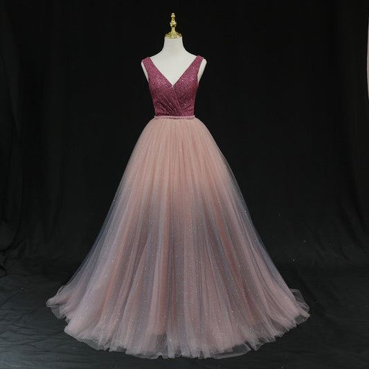 Shiny v neck tulle long prom gown formal dress  8602