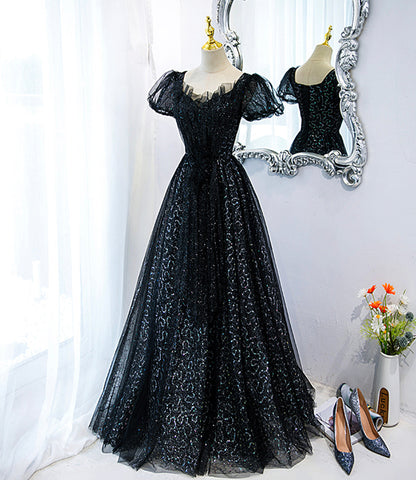 Black tulle sequins long prom dress black evening dress  10467