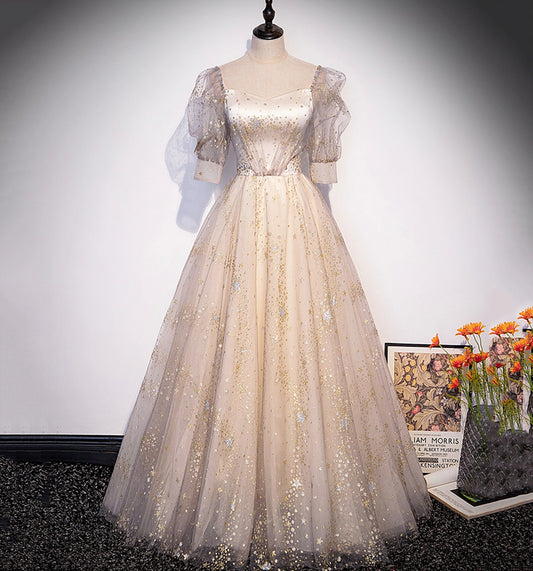 Champagne tulle sequins long prom dress evening gown  10004