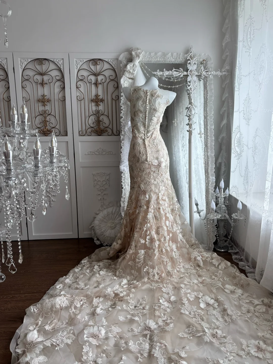 Light Champagne Waist-Cinched Lace Sexy Bodycon Mermaid Prom Gown, Evening Gown & Bridal Wedding Gown gh7344
