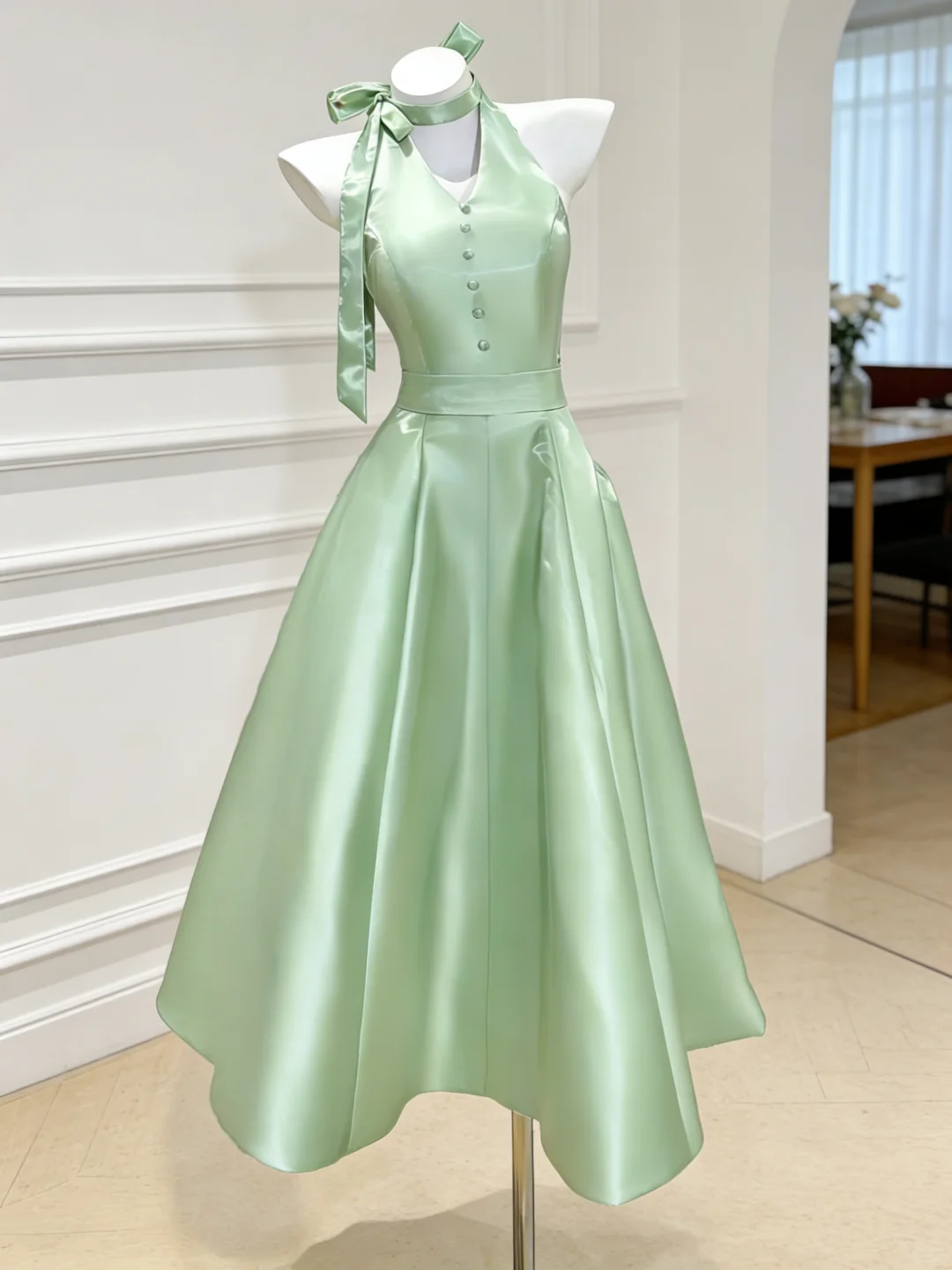 Light Color Halter Waist-Cinched Fitted Satin Elegant Evening Dress, Fairy Gown, Romantic Gown gh7380