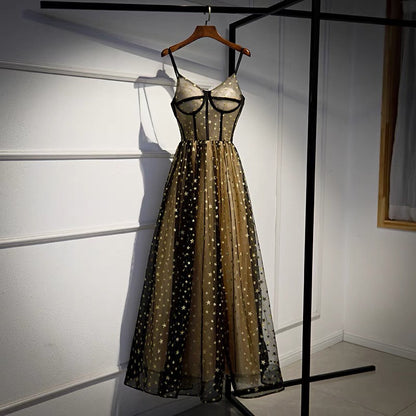 Cute v neck tulle long prom dress with stars evening gown  10089