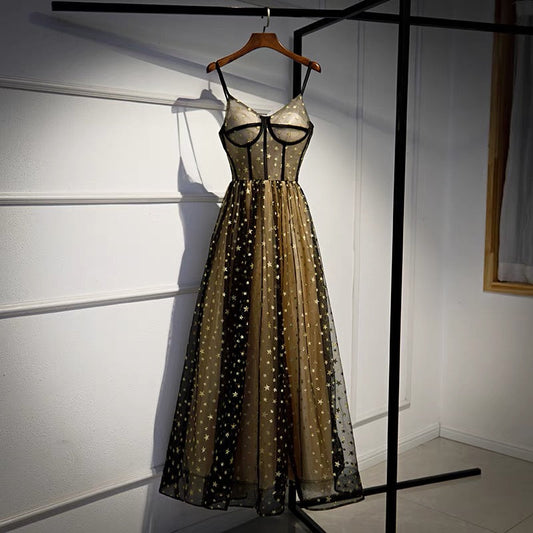 Cute v neck tulle long prom dress with stars evening gown  10089