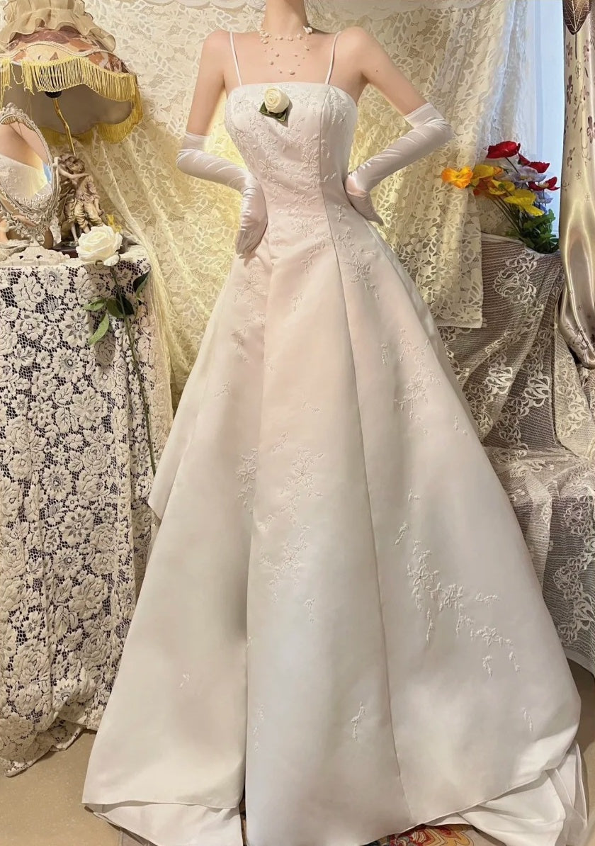 White exquisite bead long satin ball dress, evening dress, wedding dress gh4511