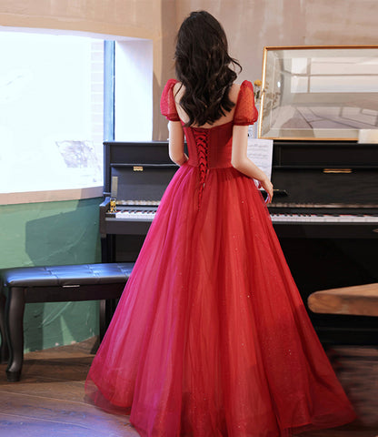 Burgundy tulle beads long prom dress evening gown  10315