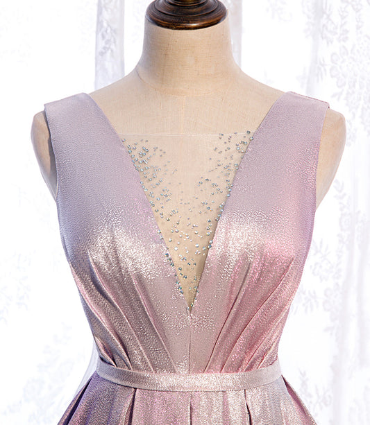 Pink satin long prom dress pink evening dress  8517