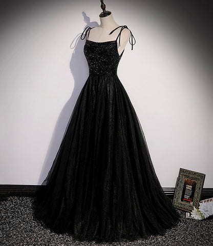 Black tulle beads long prom dress A line evening dress  10500