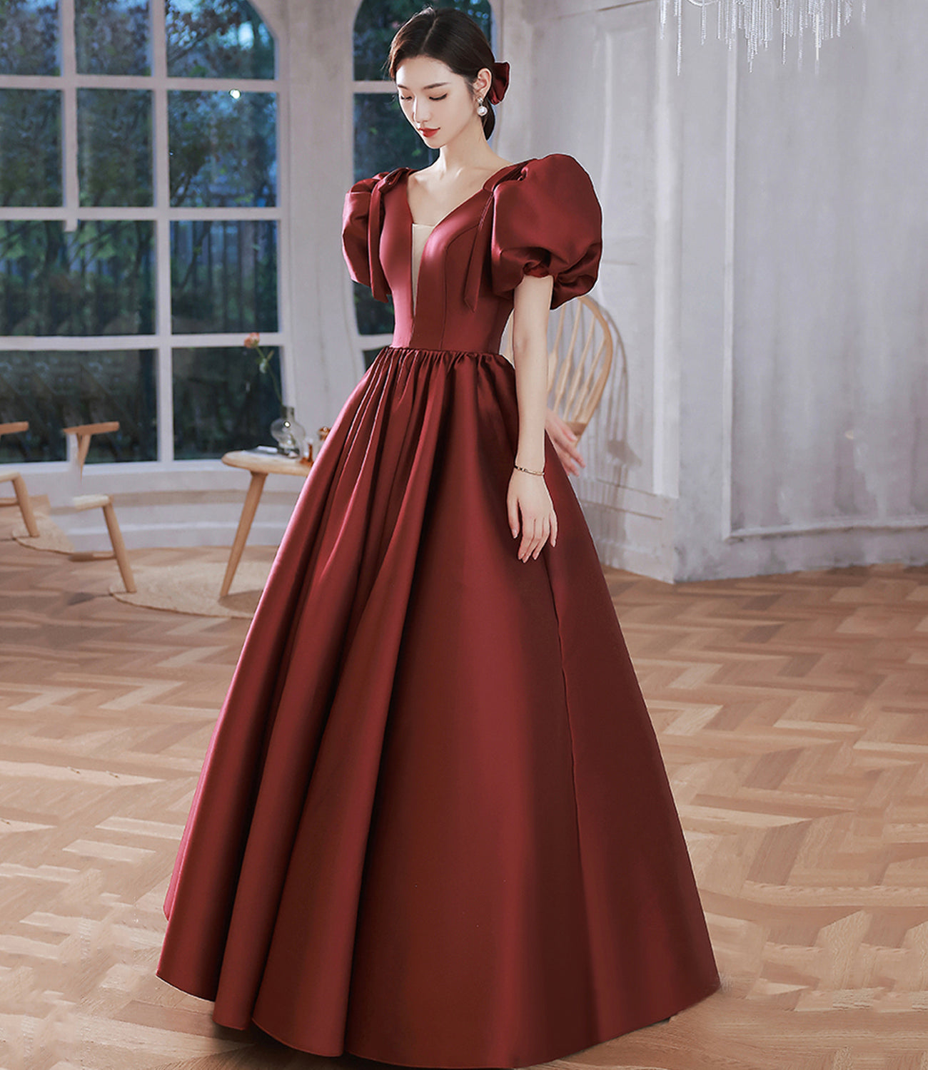 Burgundy v neck satin long prom gown A line formal gown  10212