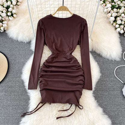 V-neck drawcord pleated sexy slim short Hip Wrap Dress  11118