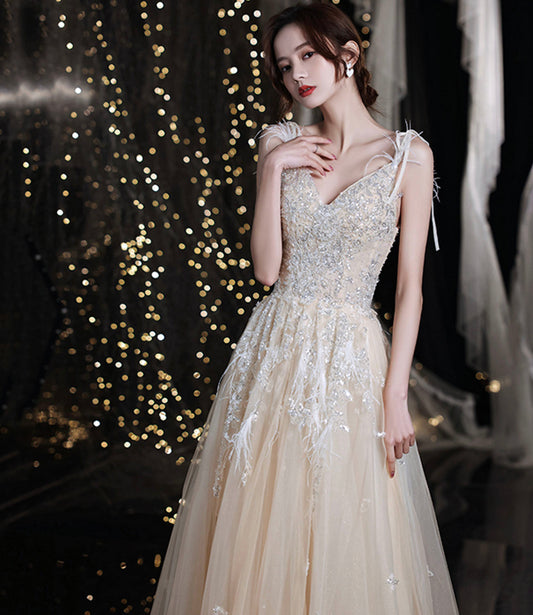 Champagne tulle sequins long prom dress evening gown  10281