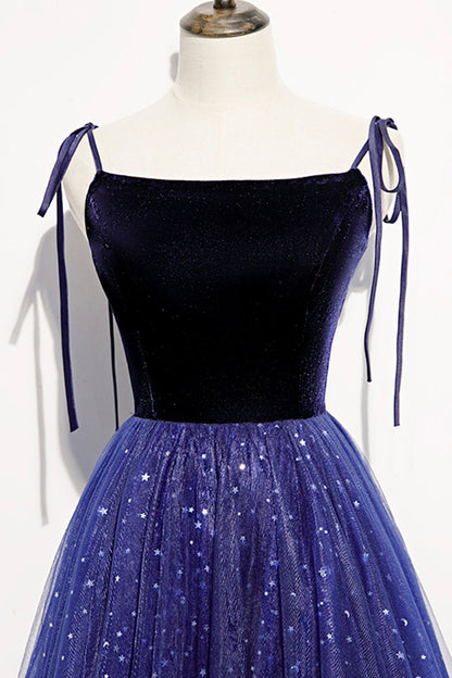 Blue velvet tulle long prom dress A line evening dress  8634