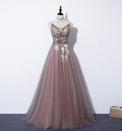 Cute v neck tulle long A line prom dress evening dress  8587