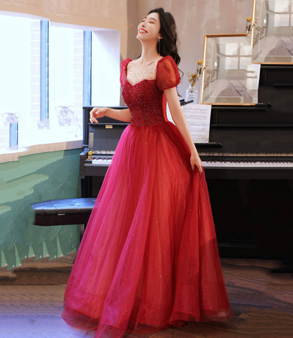Burgundy tulle beads long prom dress evening gown  10214