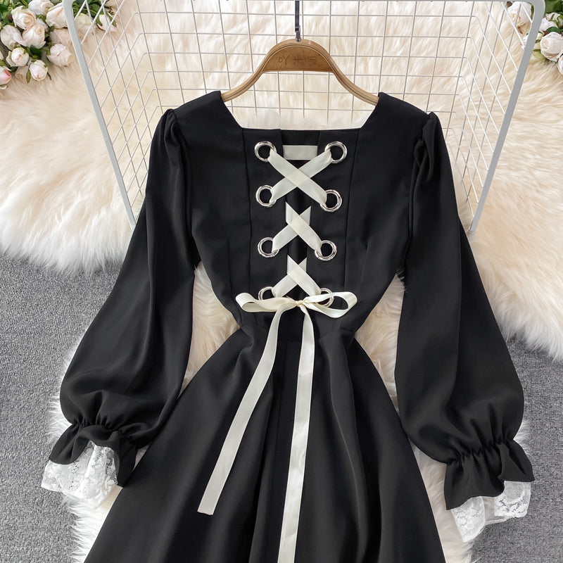 Black A Line Lace Short Dress Lace-Up Fashion Dress  10863