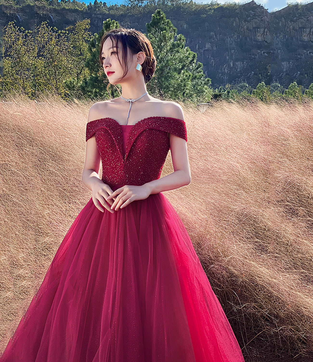 Red tulle beads long prom dress A line evening dress  10307