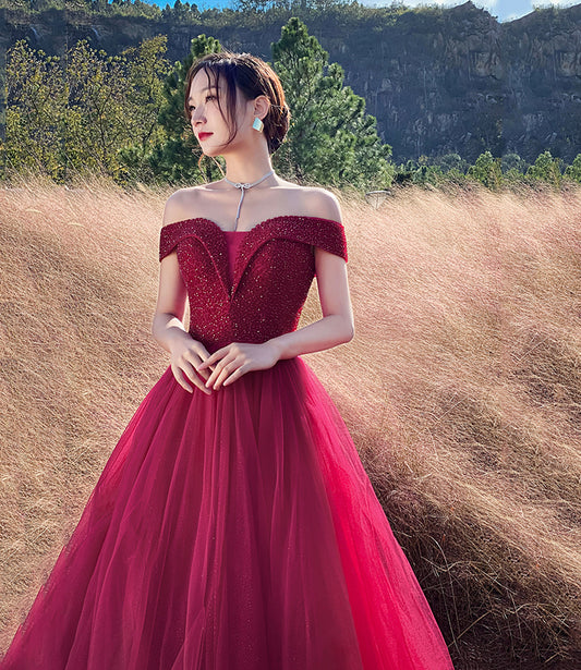 Red tulle beads long prom dress A line evening dress  10307