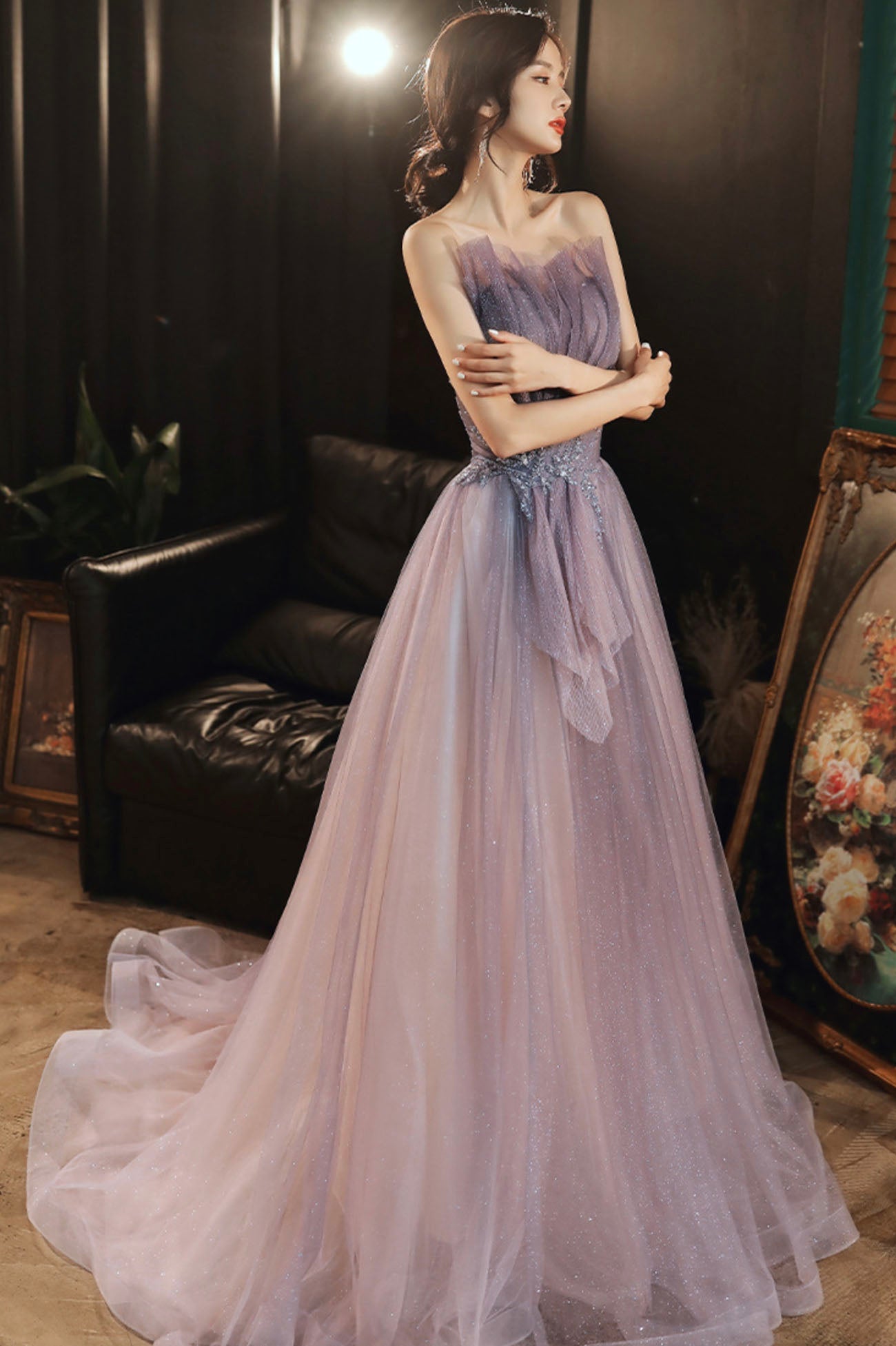 Purple tulle sequins long prom dress evening dress  10624
