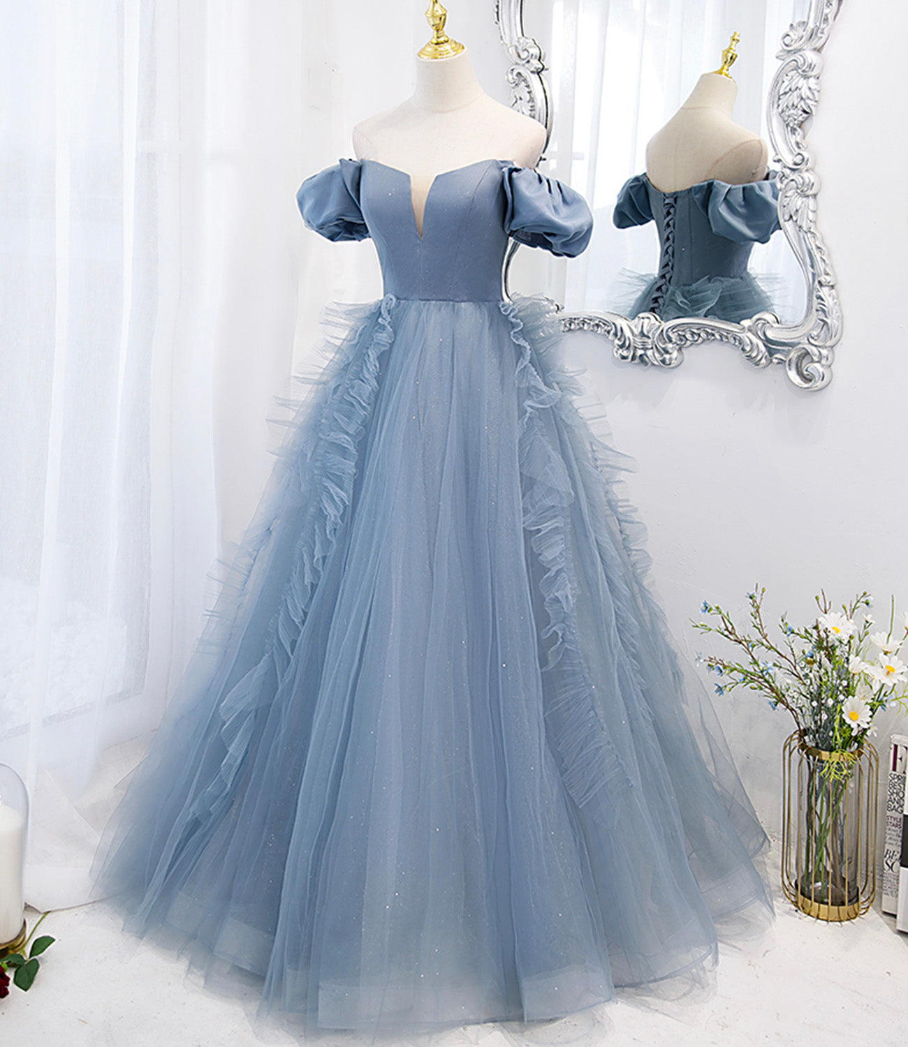 Blue tulle long prom dress blue evening dress  10151