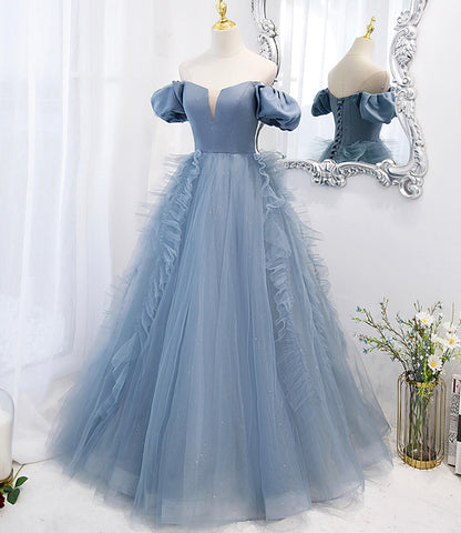 Blue tulle long prom dress blue evening dress  10151