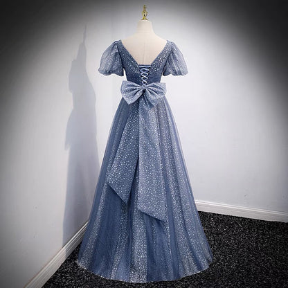 Blue v neck tulle long prom dress blue evening dress  8957
