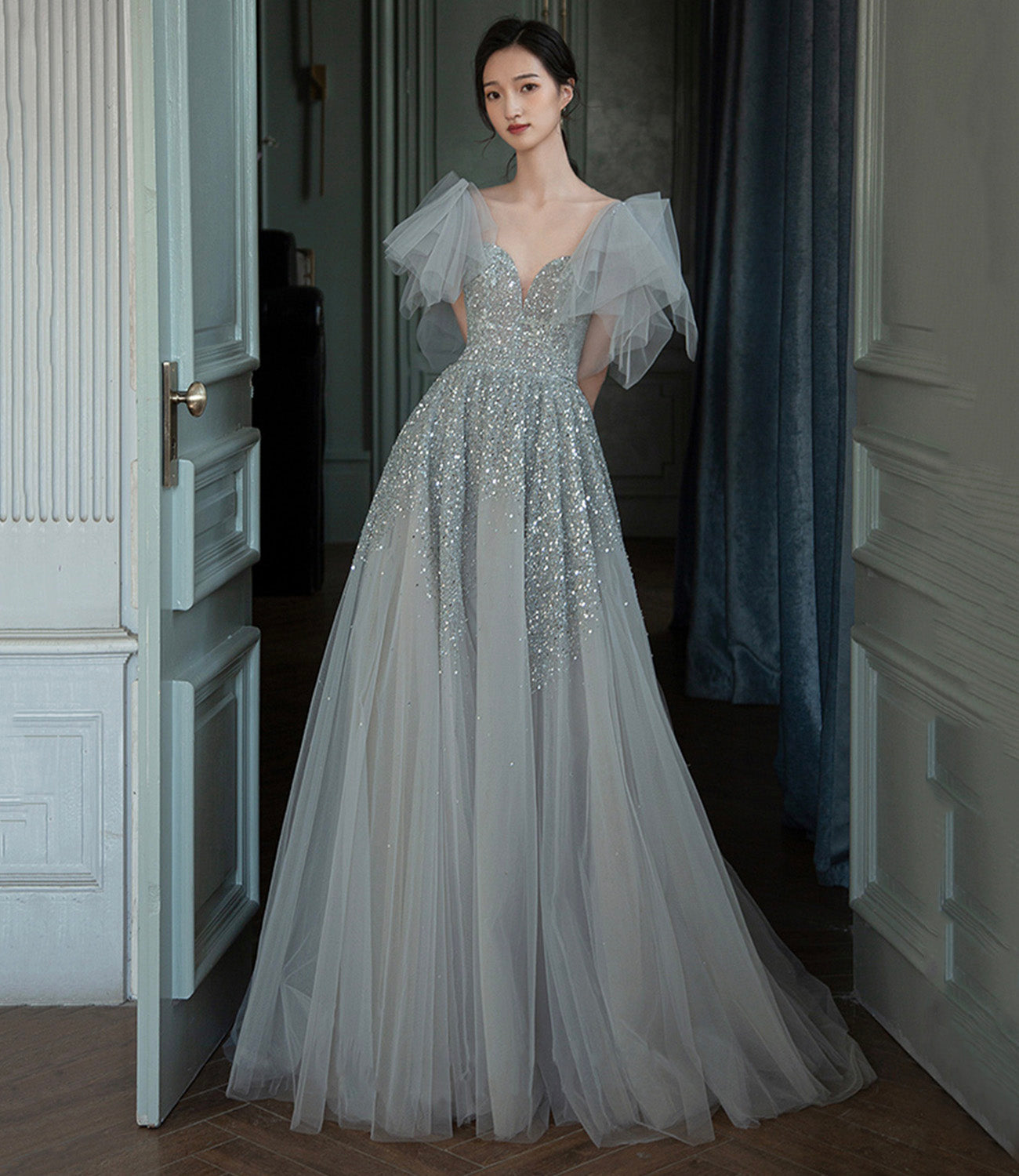 Gray tulle sequins long prom dress A line evening dress  10574