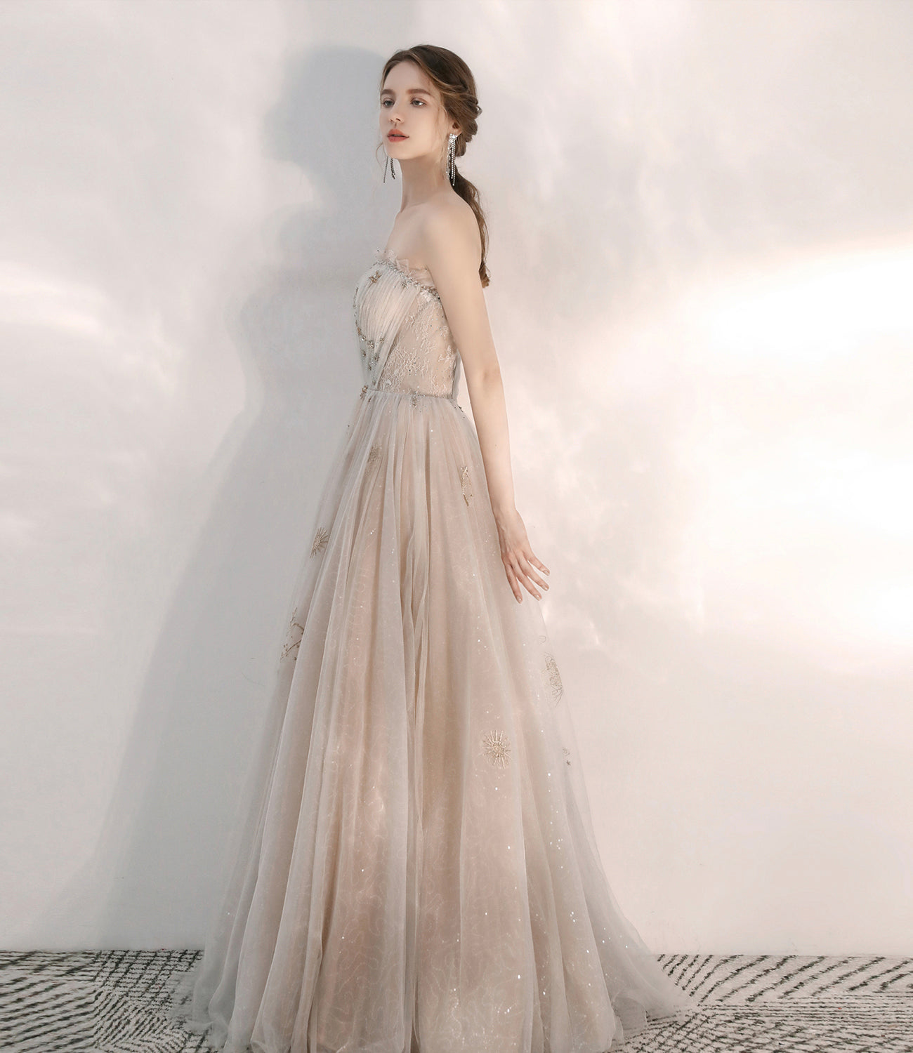 Champagne tulle sequins long prom dress A line evening dress  10472