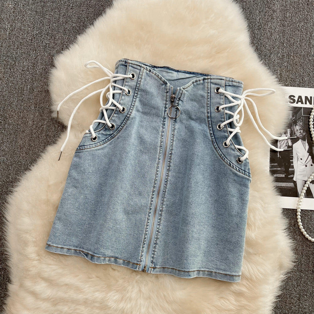 New strap zipper high waist denim skirt  11287