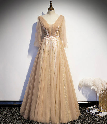 Champagne v neck lace long prom dress A line evening dress  8595