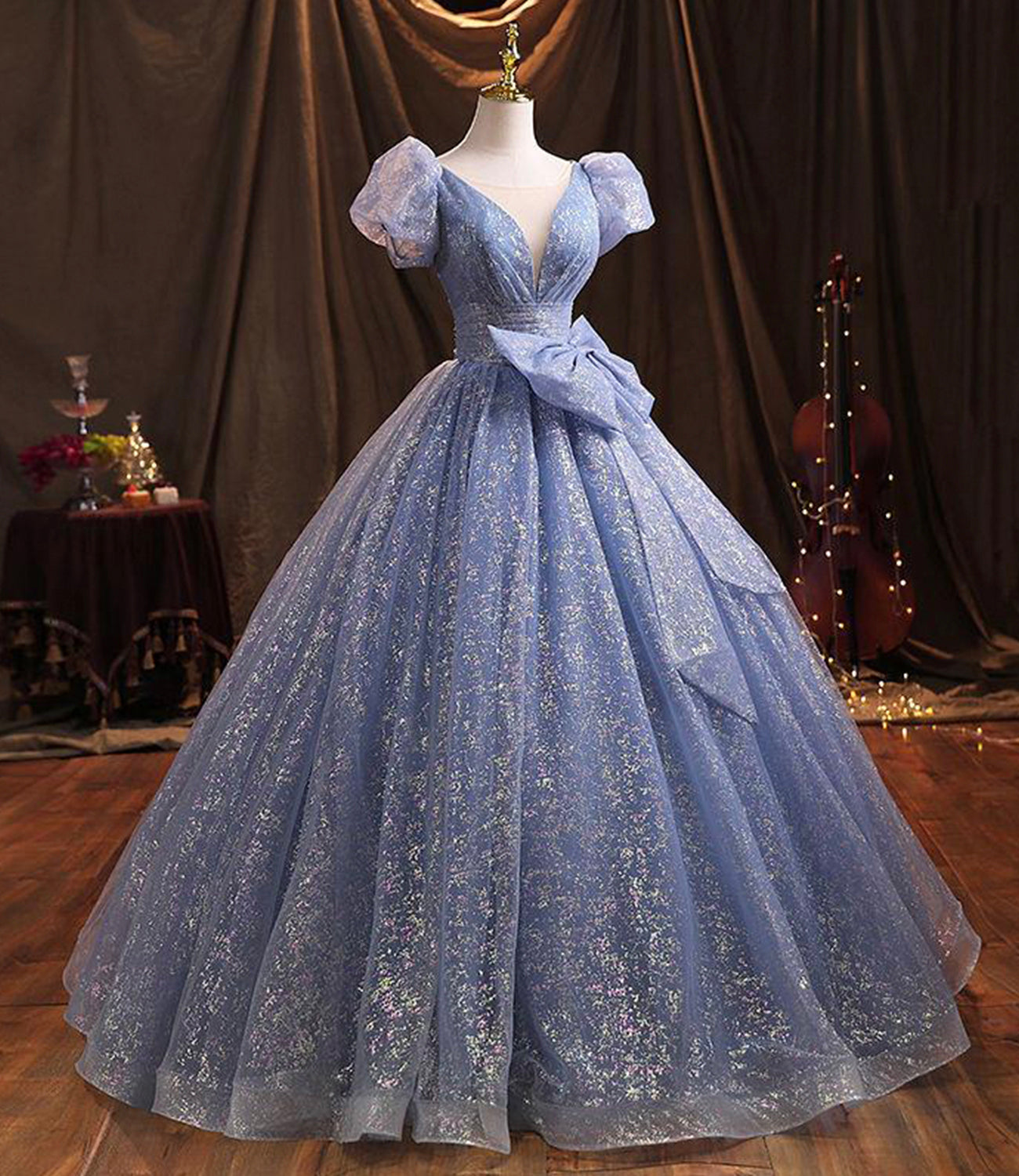Blue tulle long prom dress A line evening gown  10229