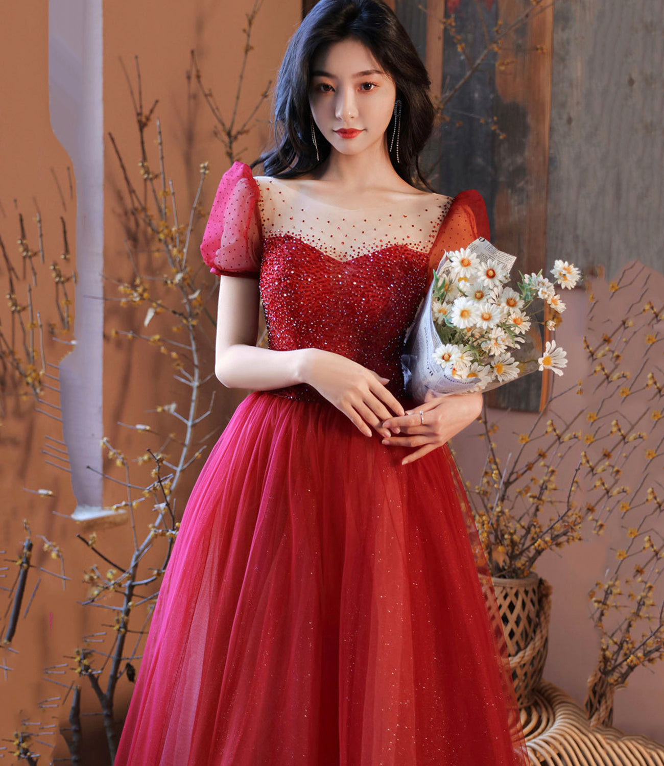 Burgundy tulle beads long prom dress evening gown  10214