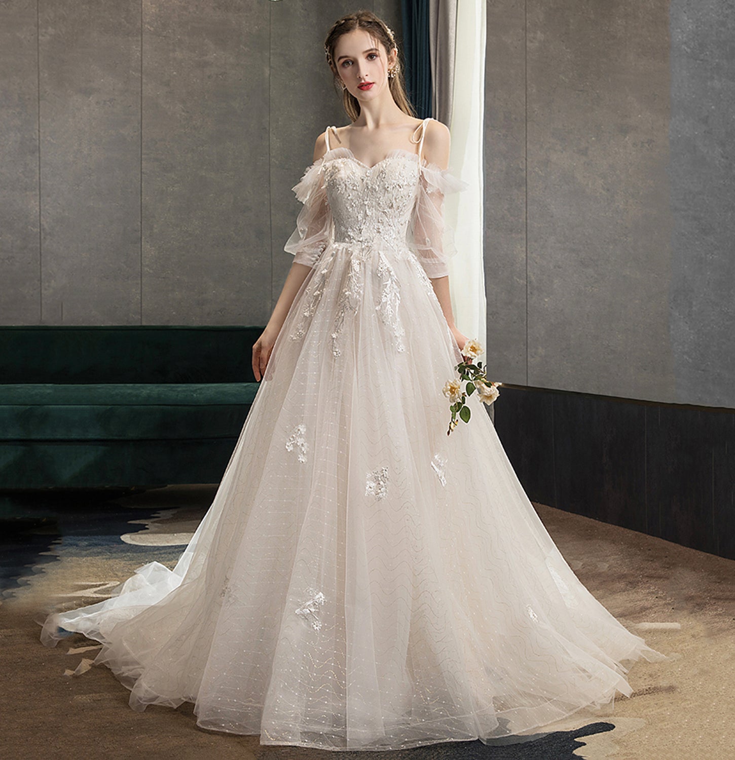 White tulle lace long prom gown A line evening gown  10117