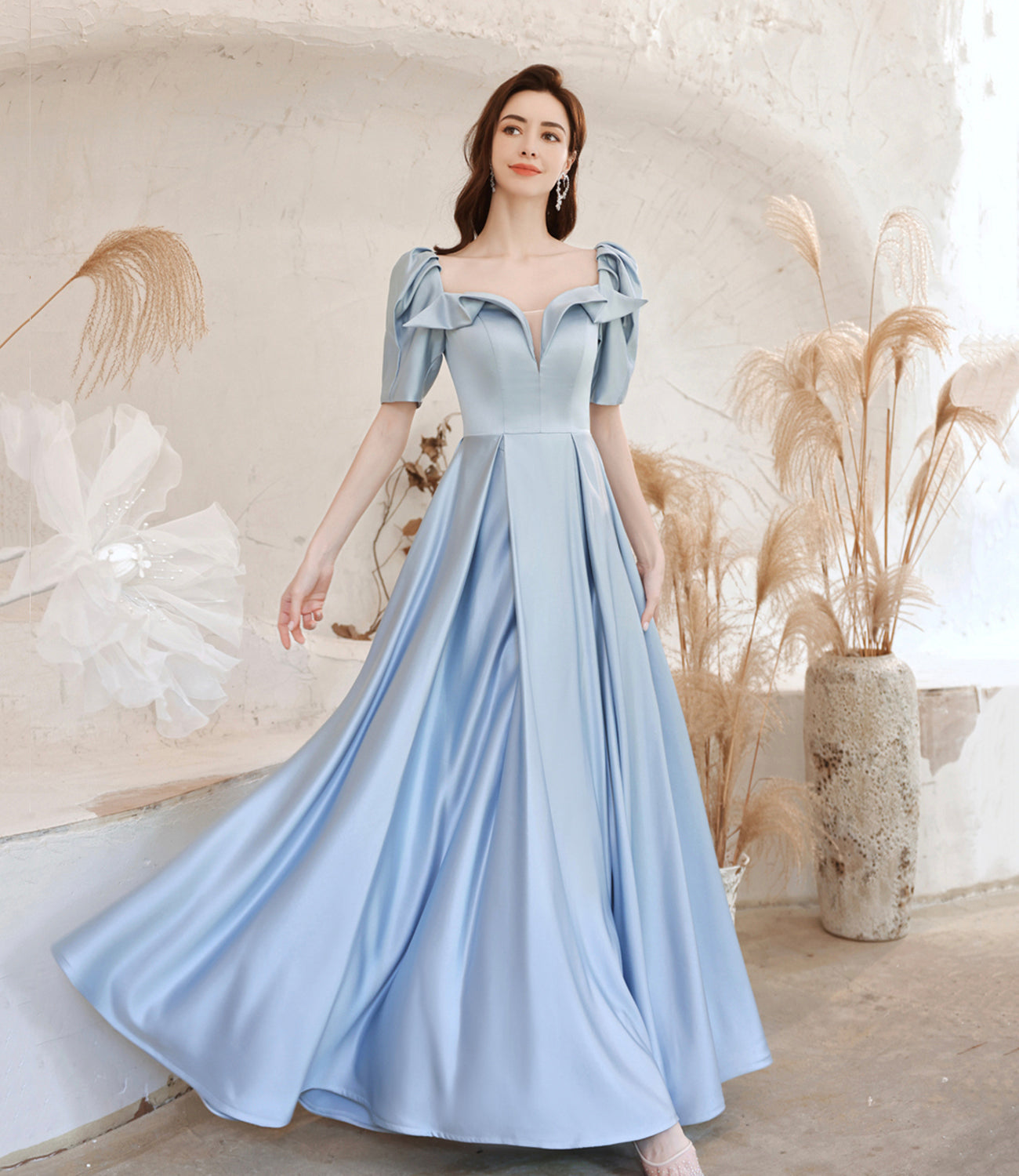 Cute satin long prom dress blue evening dress  10531