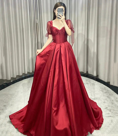 Red satin long prom dress A line evening gown  10354