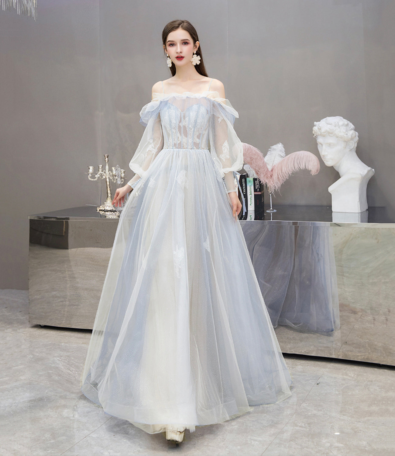 Cute tulle lace long prom dress A line evening dress  10476