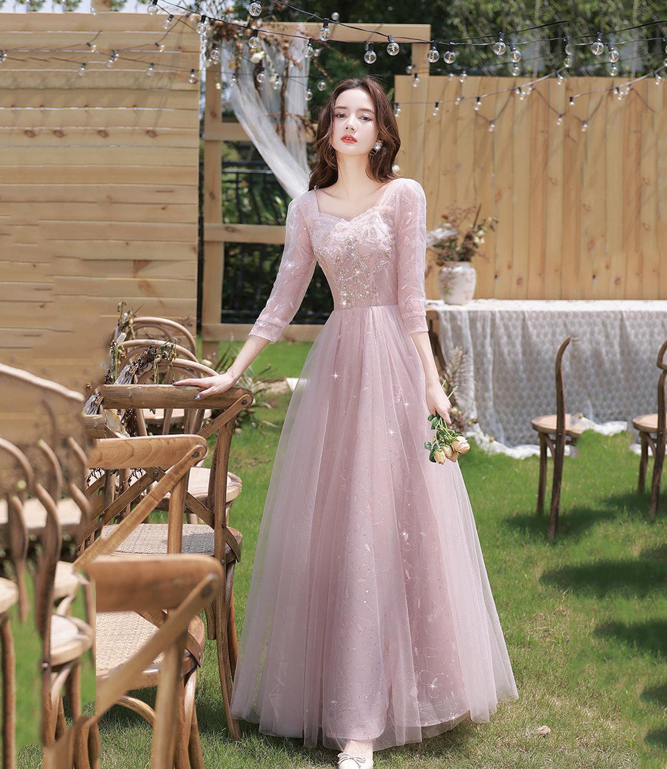 Pink tulle sequins long prom dress evening dress  10362