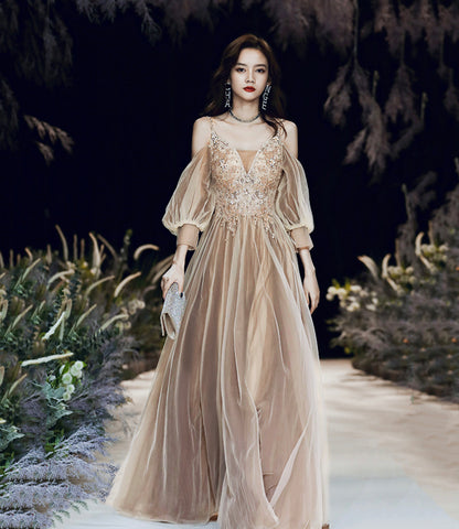 Cute tulle lace long prom dress A line evening dress  10449