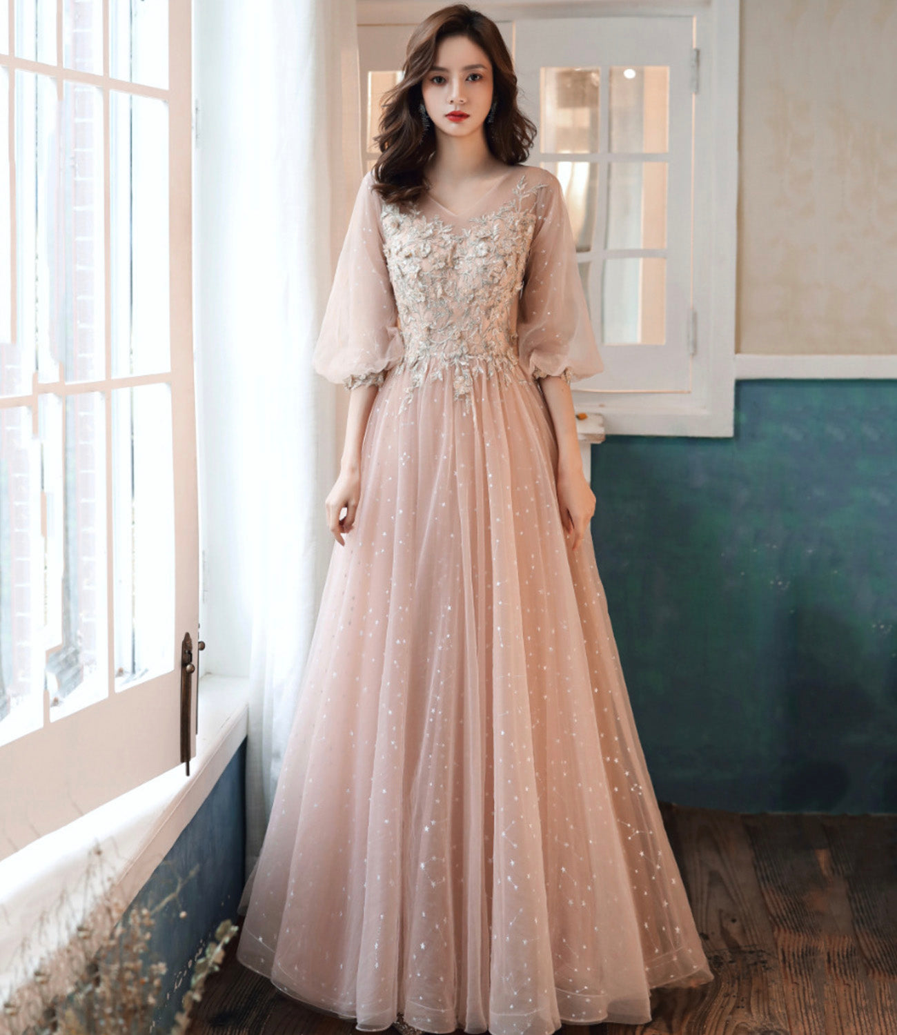 Cute tulle lace long prom dress A line evening dress  10554