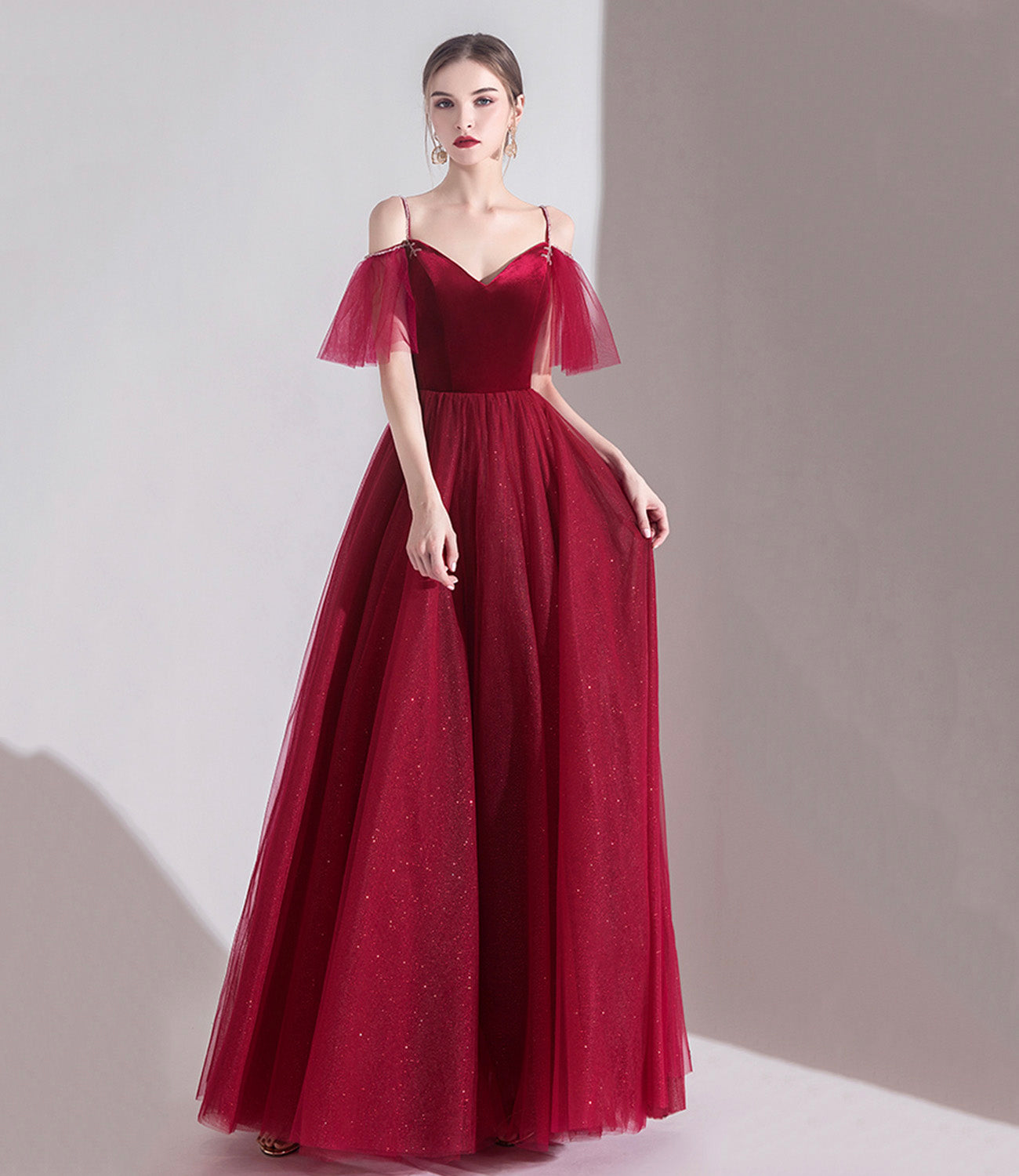 Bugundy velet tulle long prom dress A line evening dress  10553