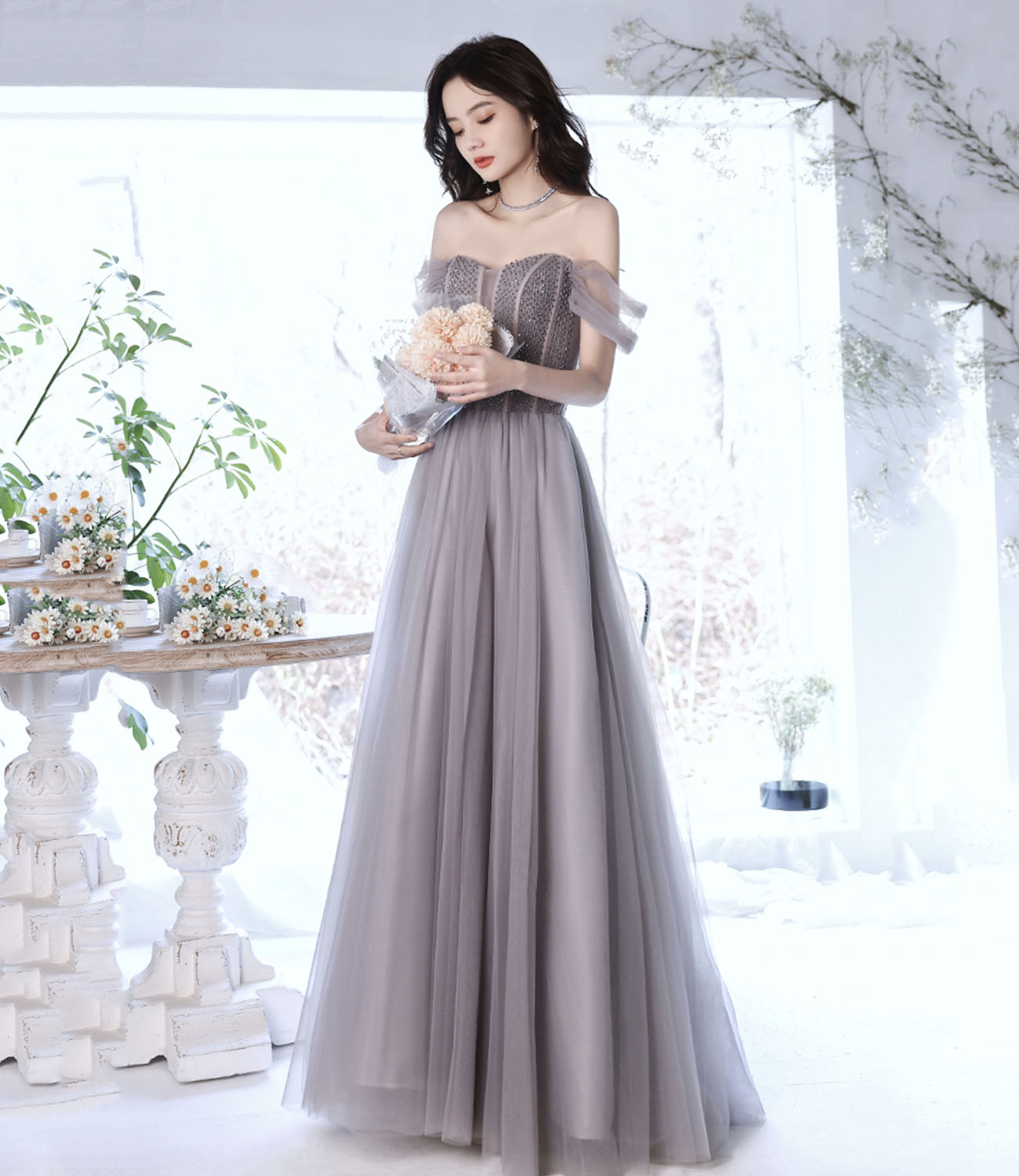 Cute tulle beads long prom dress A line evening gown  10319