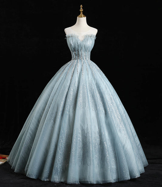 Blue tulle sequins long prom dress A line formal dress  10456