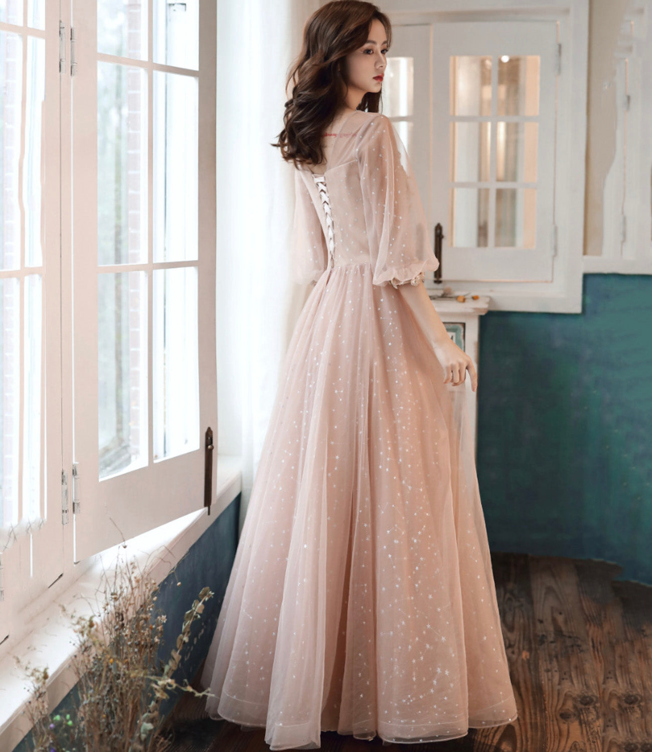 Cute tulle lace long prom dress A line evening dress  10554