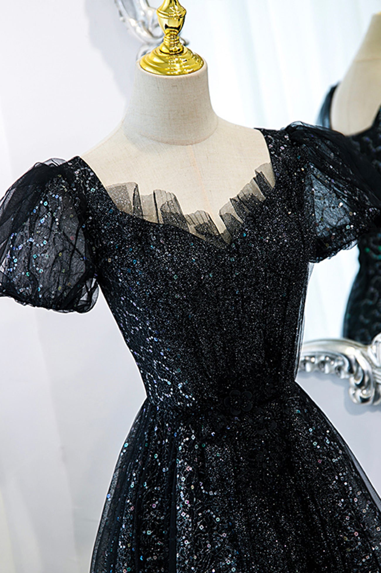 Black tulle sequins long prom dress black evening dress  10467